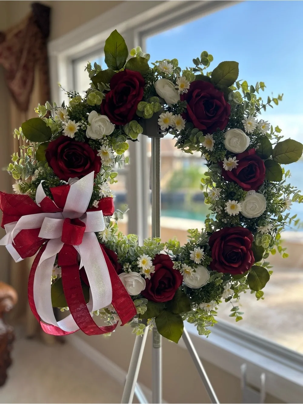Holiday Red and White Rose Wreath with Greenery
